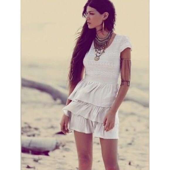 Free People White Tired Ruffle Hem Boho Mini Dress - Picture 1 of 16